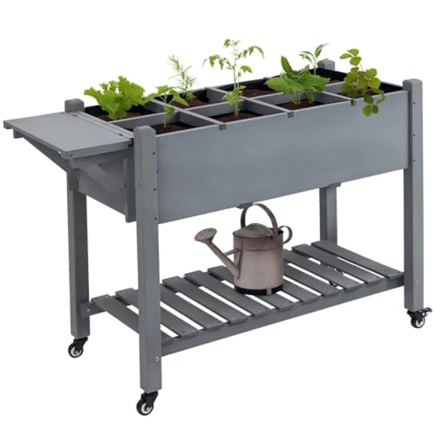 Raised Garden Bed with 8 Grow Grids Wooden Outdoor Plant Box Stand with Folding Side Table and Wheels 49 x 21 x 34 for Vegetabl