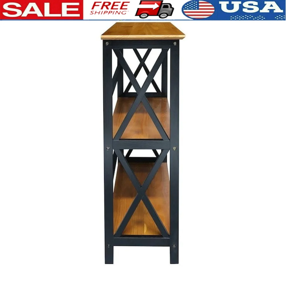 

3-Shelf Bookcase Solid Wood Antique Walnut Black X-Design Modern Storage Durable Easy Assembly Living Room Furniture