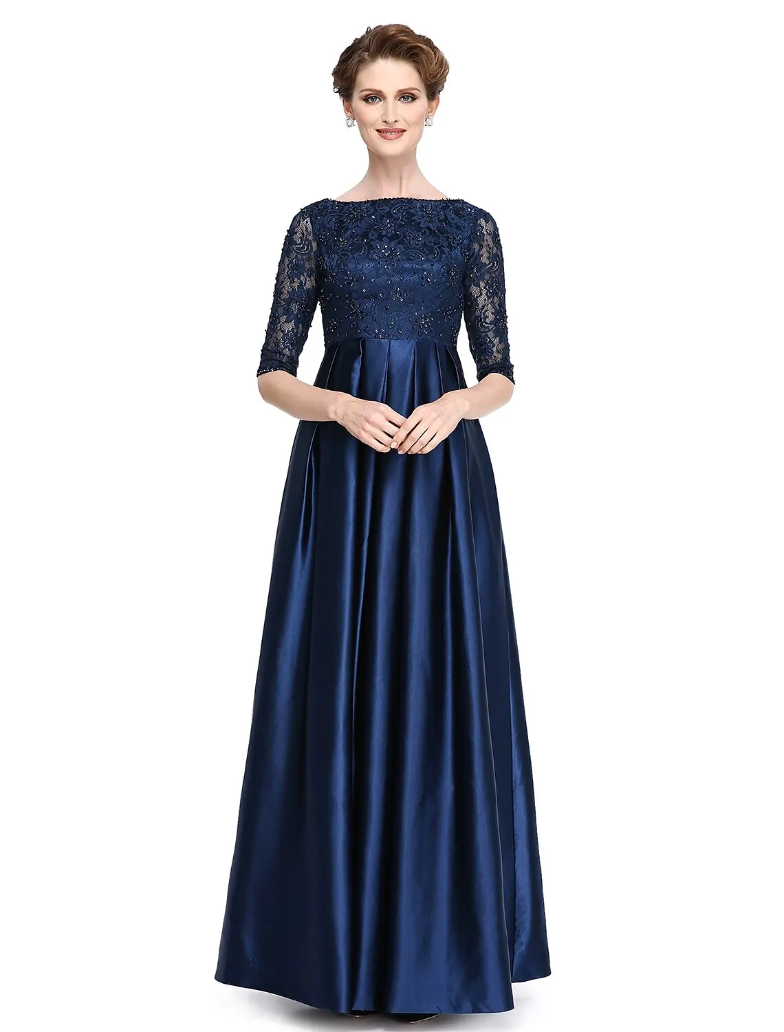 

2024 Mother of the Bride Dress Elegant Bateau Neck Floor Length Lace Stretch Satin Half Sleeve Mother of the Groom Dresses