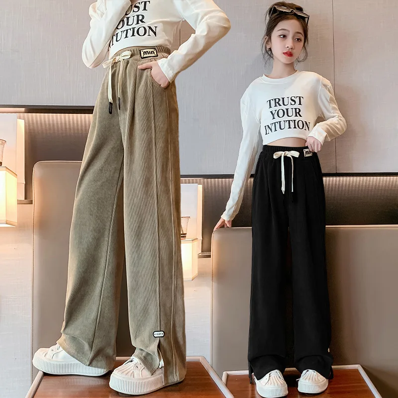 2024 New Girls' AutumnAand Winter Pants, Medium And Large Children's Loose Casual Pants, Straight Leg Pants, Floor Length Pants