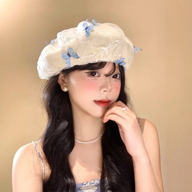 Sweet Cute Butterfly Beret Hat for Children 3D Mesh Summer Thin Knitted Face Enhancing Artist Small Hat