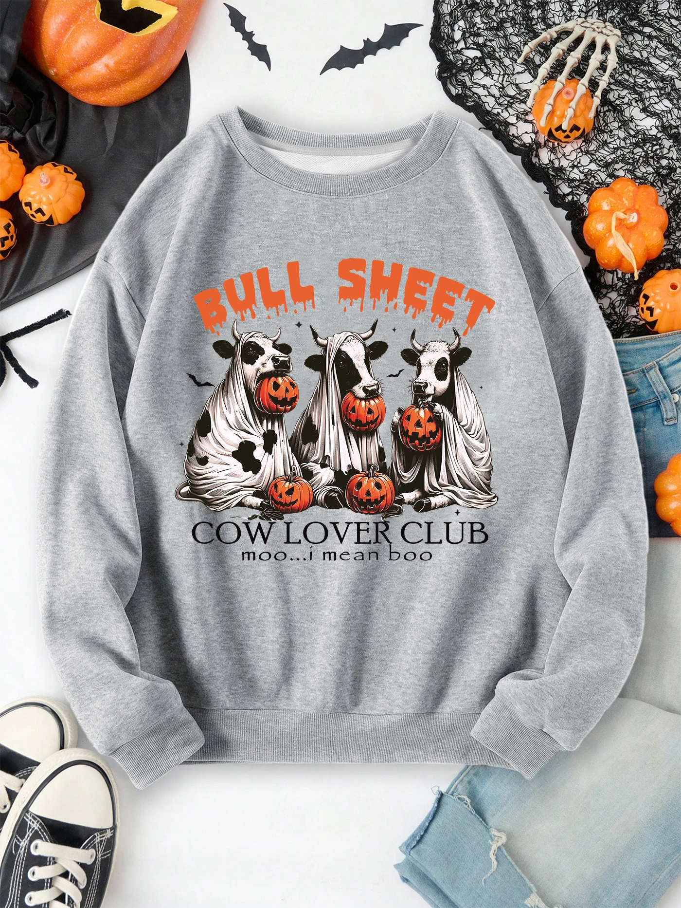 

Halloween print sweatshirt, crew neck casual sweatshirt for winter & fall, women's clothing.