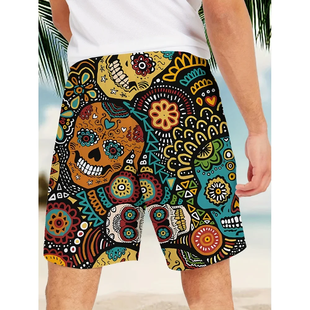 Pantaloncini da spiaggia stampati con teschio alla moda da strada Estate Mare Nuoto Surf Pantaloni ad asciugatura rapida Pantaloncini casual larghi con coulisse da uomo