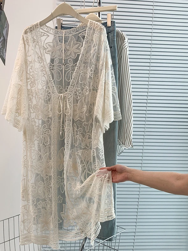 Bohemian Style Long Sleeve Sunscreen Mesh Dress Boho Holiday Fashion Women's Brand New Outerwear Cover up Long Dress 3