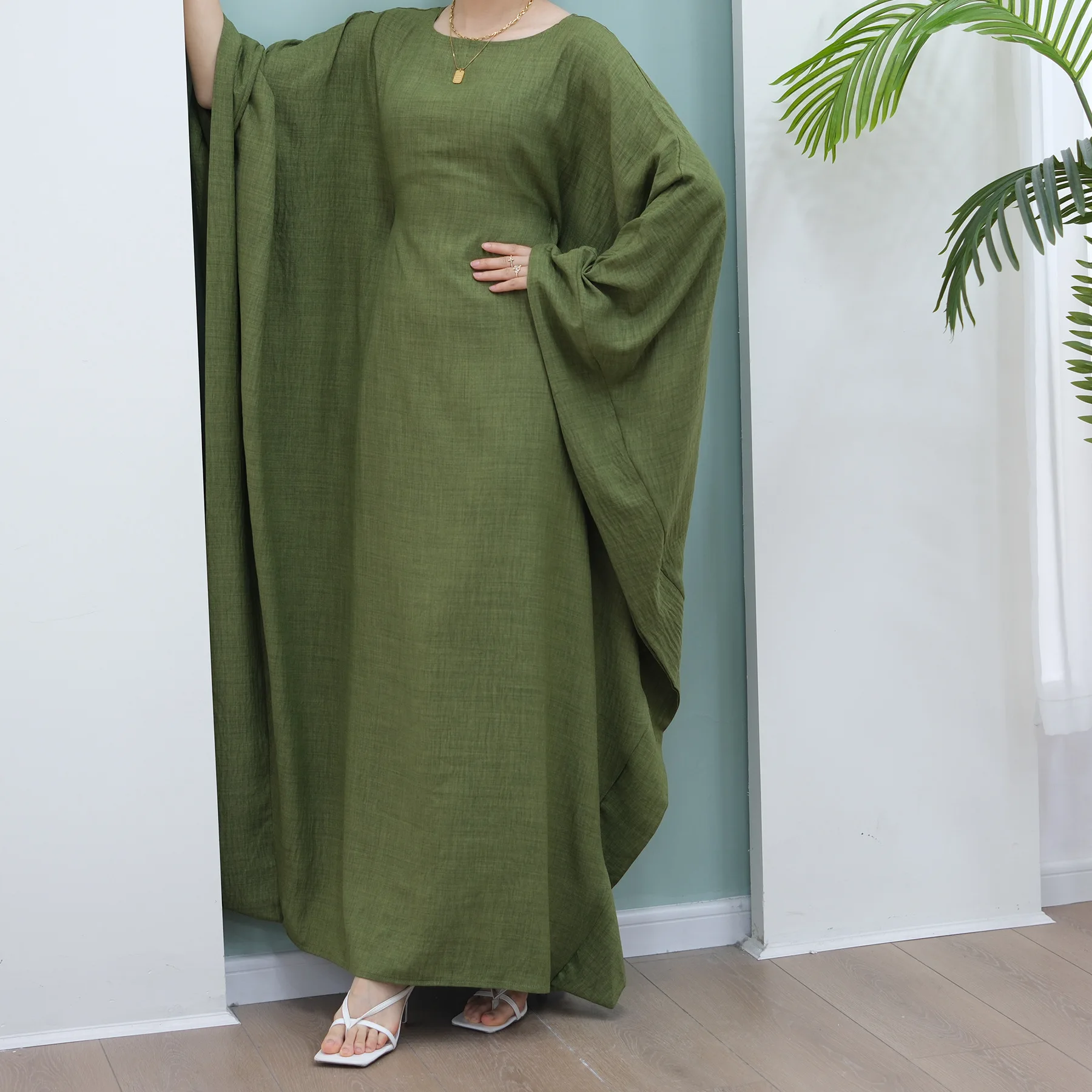 Gaun Maxi longgar lengan kelelawar wanita Abaya polos Muslim Kaftan Dubai Turki gaun Arab pesta Islam Kaftan pakaian longgar