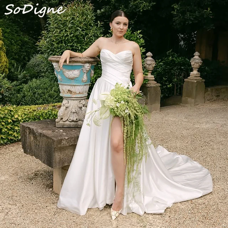 

SoDigne A-line Satin Wedding Dresses Sweetheart Sleeveless Ruched Bridal Dress Split Wedding Gown Robe De Mairee ﻿Customized