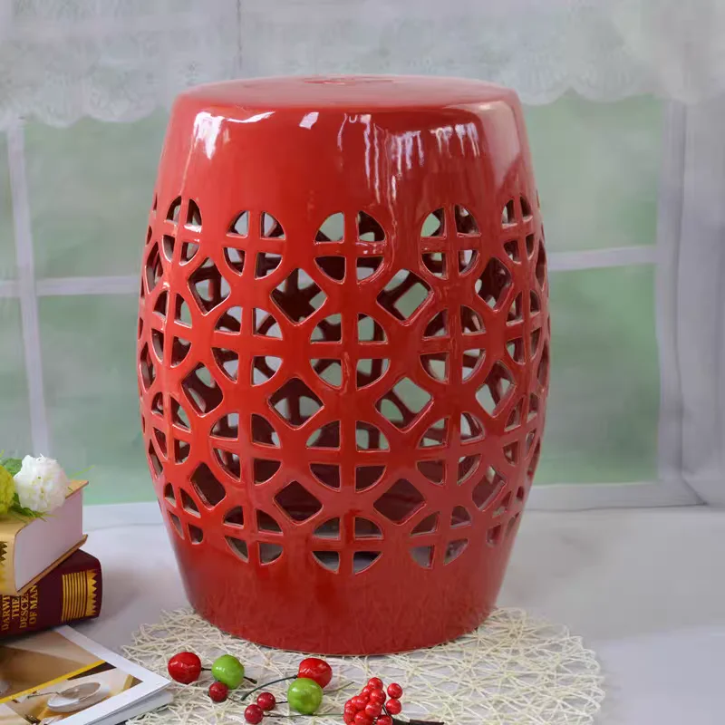 Chinoiserie Hollow Lattice Porcelain Drum Stool, Indoor Outdoor Multifunctional Accent Side Table Patio Plant Stand