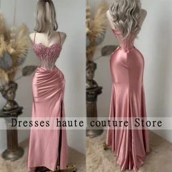 Pink Satin Spaghetti Strap Mermaid Prom Dress 2026 For Black Girl Beaded Birthday Party Dress Side Slit Formal Dress Customized