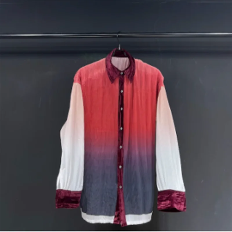 

【custom】High quality Original design wine red gradient pleated fabric texture long sleeve shirt jacket