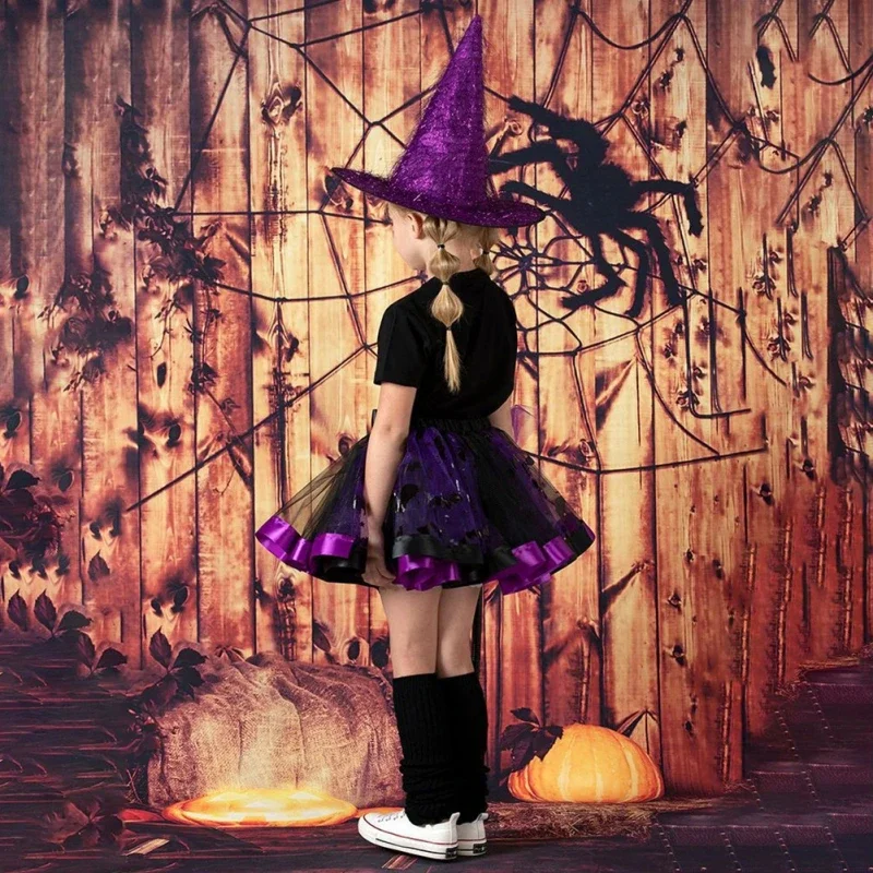 3Pcs Girls Halloween Skirt Kids Dance Party Costume Toddler Tulle Skirt Hat Broom Set Halloween Cosplay Dress Up For Little Girl