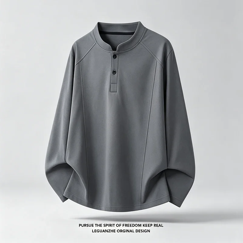 Mens Basic Mandarin Collar Long Sleeve T Shirt Henley Button Notch Wrinkle Resistant Fabric Daily Garment