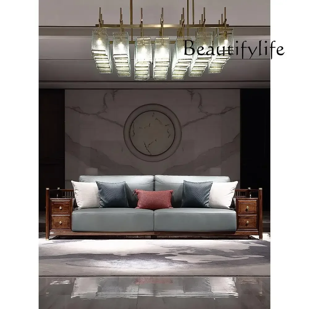 

N Light Luxury New Chinese Style Ugyen Wood Leather Sofa Modern Zen Large Apartment Villa Furniture