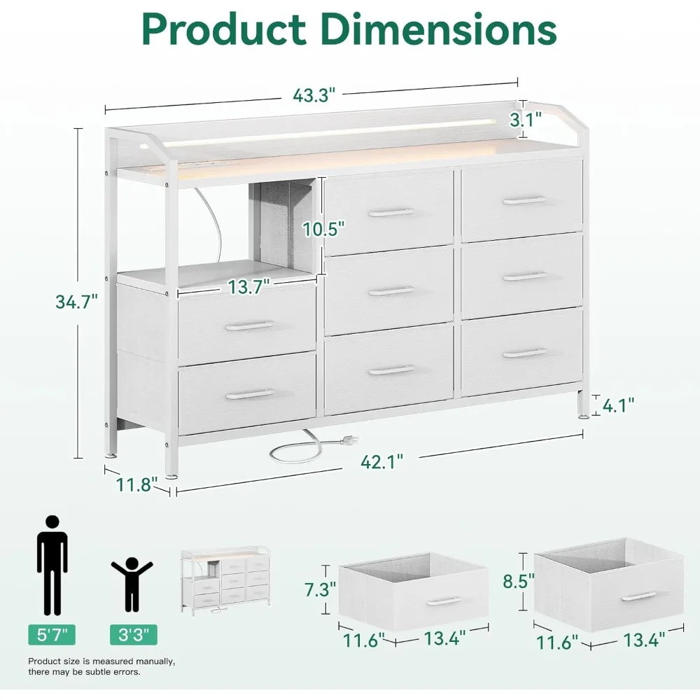 8 Drawers Dressers & Chest of Drawers with Shelf, Wood Top, Metal F，White Dresser for Bedroom with Light Strip & Power Outlet