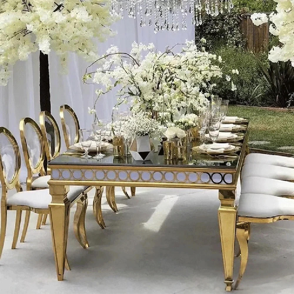 

Rectangle banquet dinner table gold stainless steel base mirror glass top dining table for wedding event