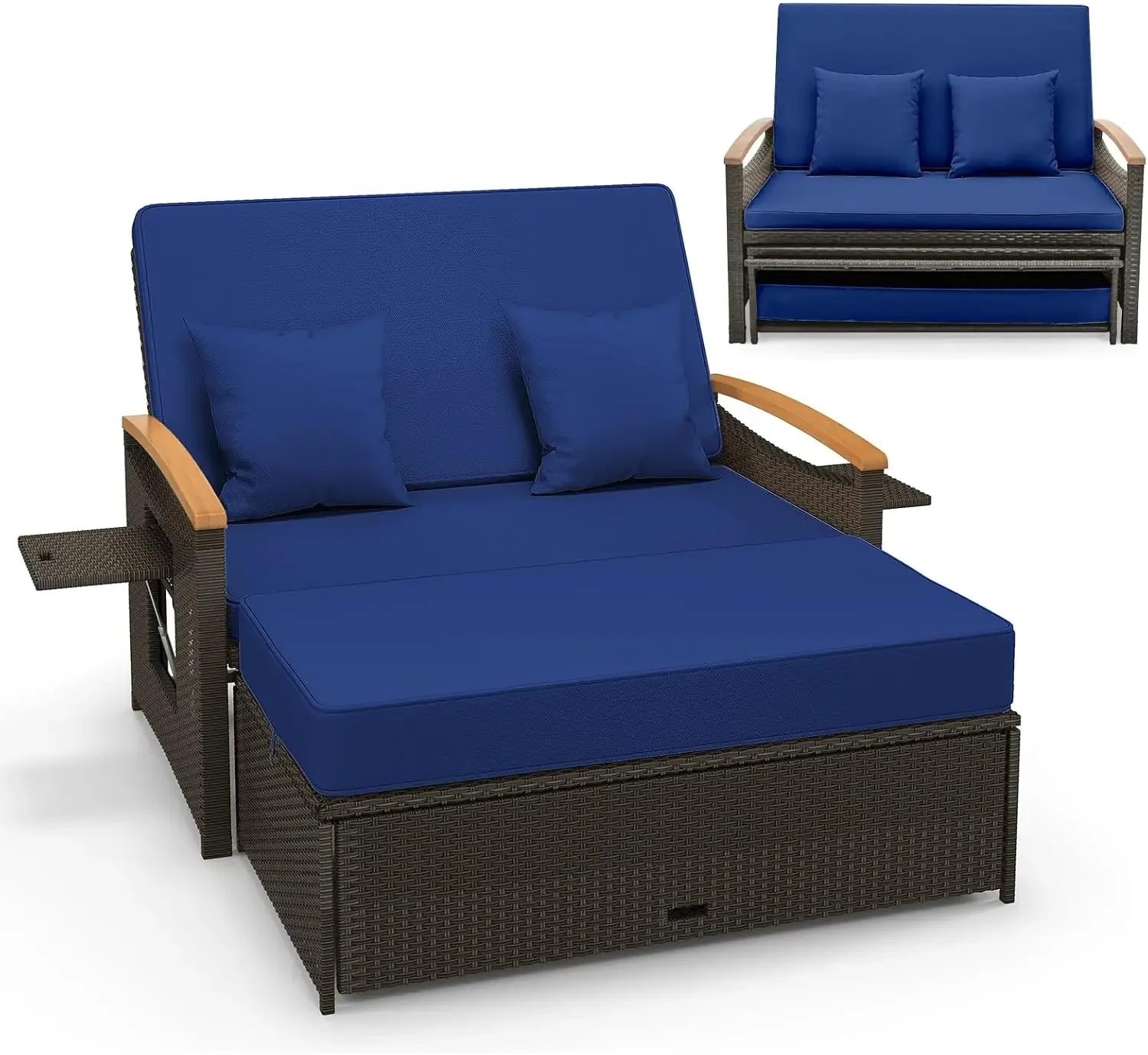 Moccha Outdoor Wicker Daybed, Patio Rattan Loveseat Sofa w/ 4-Level Adjustable Backrest, Folding Panels, Storage Ottoman & Cushi