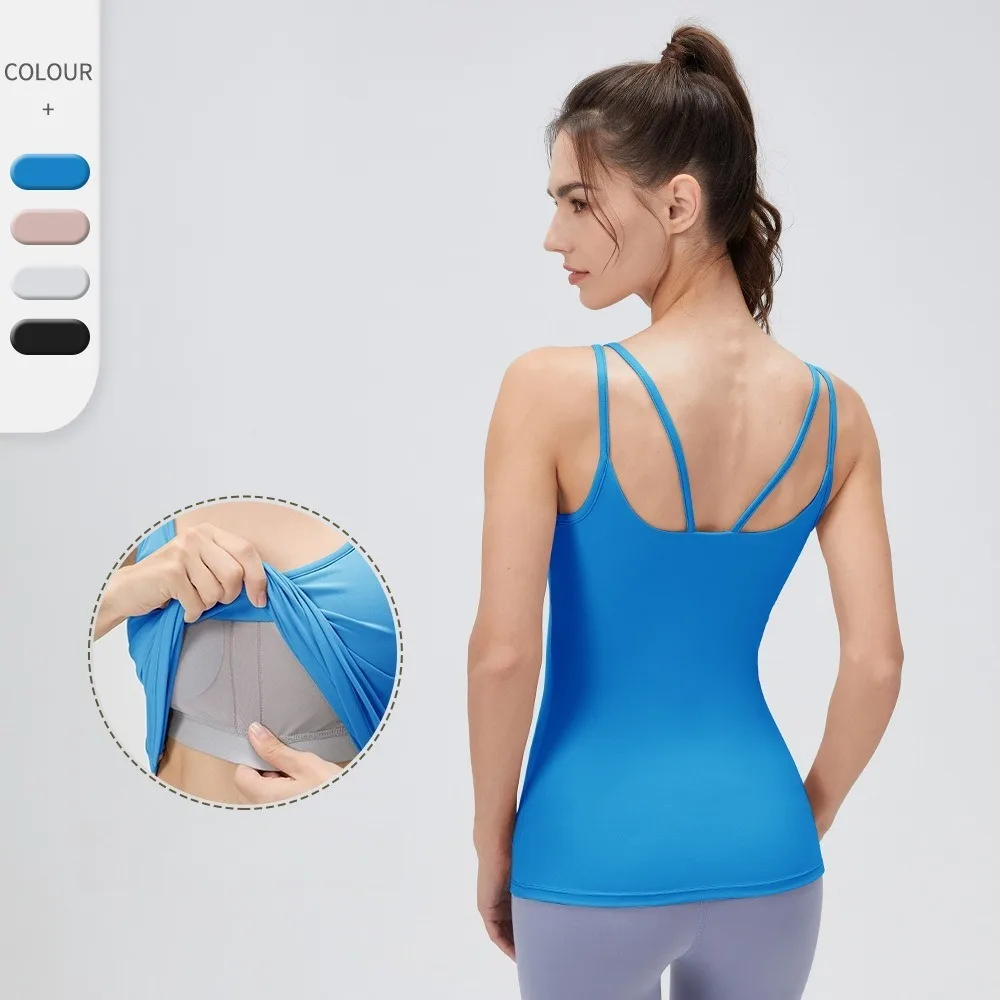 Women Long Length Yoga Tank Tops With Built-in Bra Beauty Back Shockproof Sports Camisole Tops