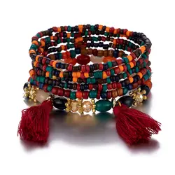 6Pcs Bohemian Beaded Bracelet Set For Women Tassels Charm Colourful Seed Beads Chain Bangle Female Boho Ethnic Jewelry