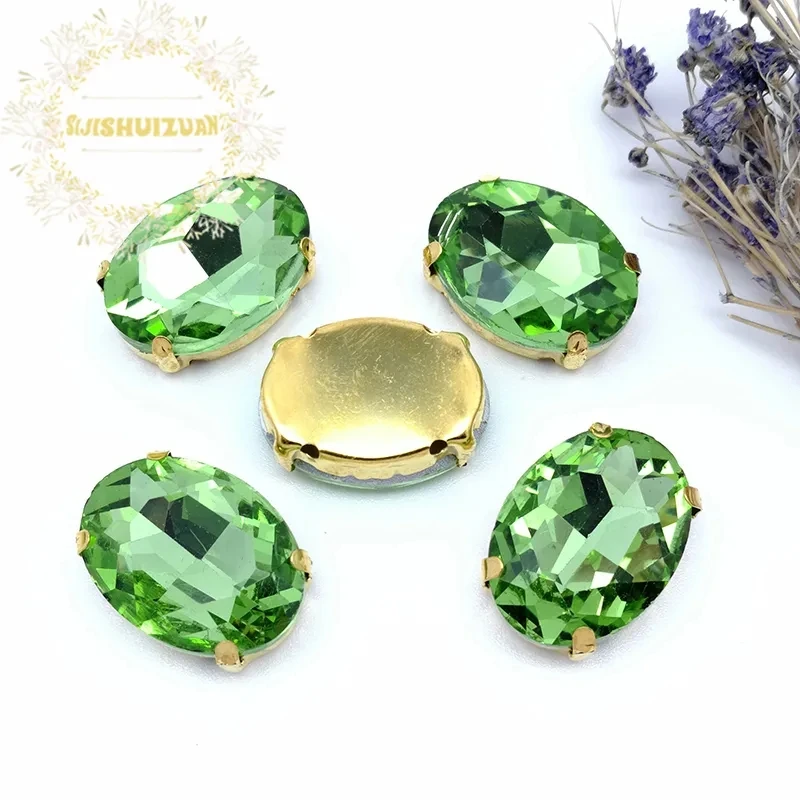 Light green Crystal Oval With Gold Claw Setting Rhinestones Sewing Clothe For Needlework Stone DIY Sew On Wedding Dress Shoes