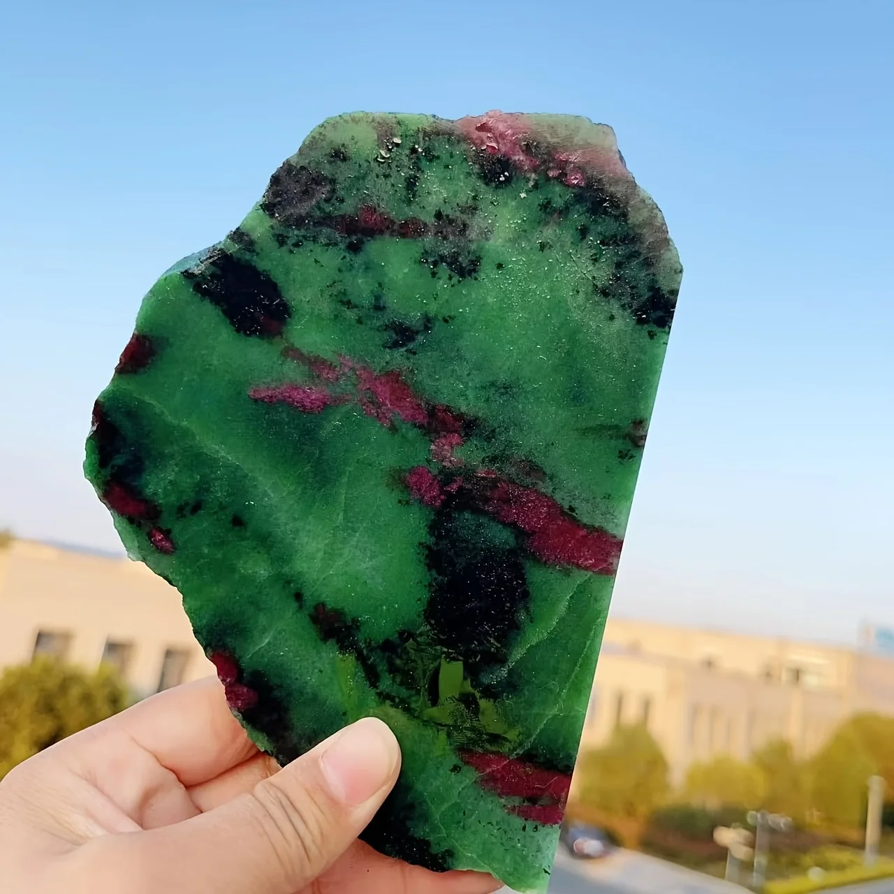 1pc Polished Epidote Ruby Zoisite Stone Slab - Green with Red Speckles, Smooth Crystal Slices for Home Decor, DIY Jewelry