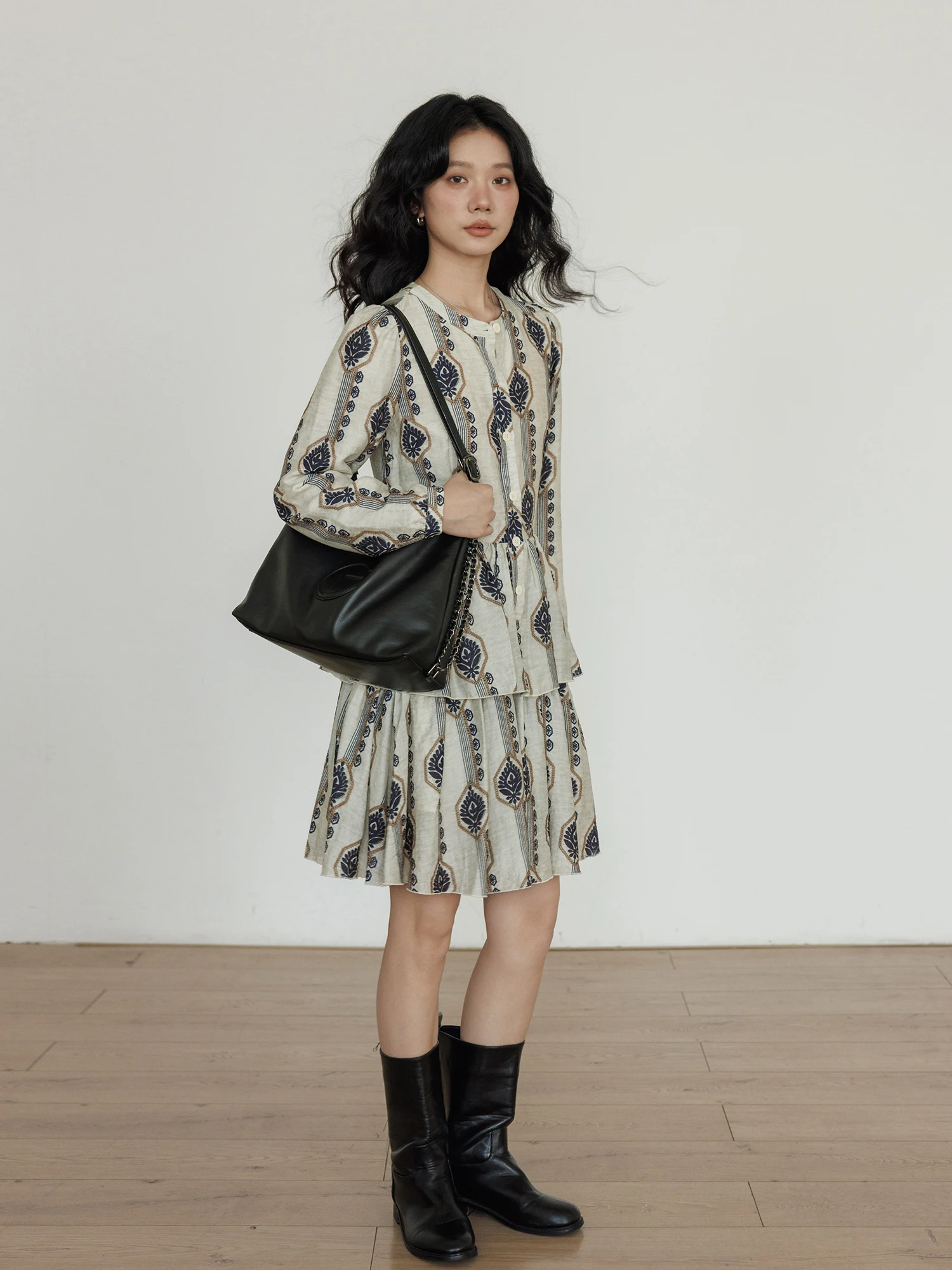 

Spring round Ne Long Sve Linen Blend Women's Dr irt Vintage Preppy Sle A-Line Skirt Casual Loose Fit Ci Commute