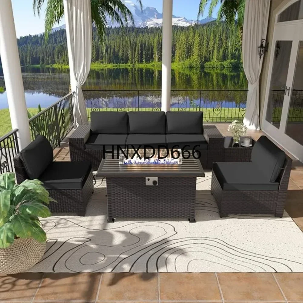 7Piece Outdoor Patio Furniture Set with Propane Fire Pit Table Patio Sectional Sofa Set Outdoor Furniture Patio Sets