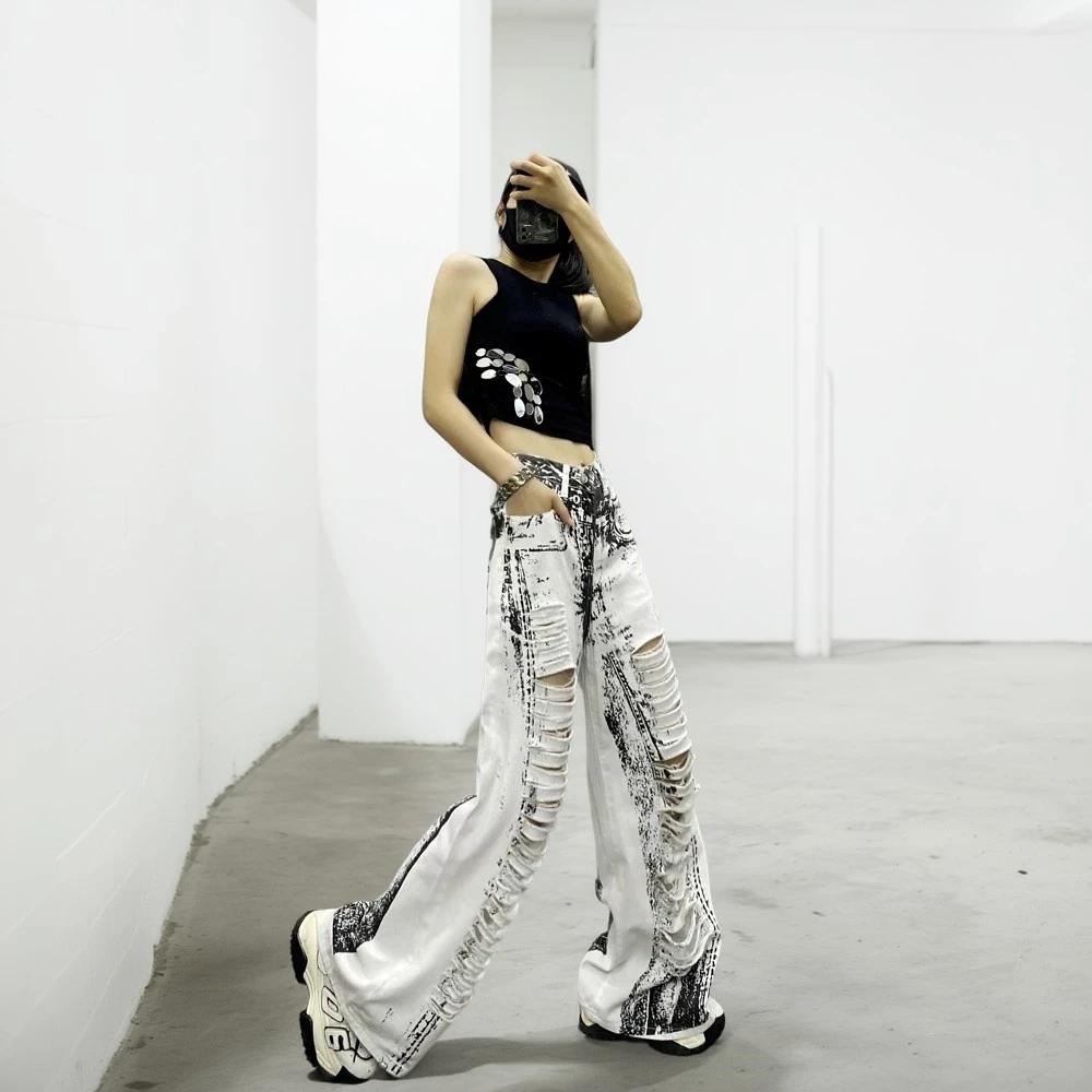 

Mens Women Washed Denim Pants Street American Style Wide Leg Denim Ripped Jeans High Waist Vintage Classic Straight Baggy