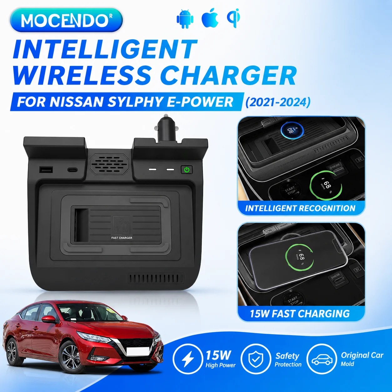 Car Wireless Charger For Nissan Sylphy E-POWER 2021-24 Pad Fast Charging Stable Center Console Storage Box Decoration Accessory