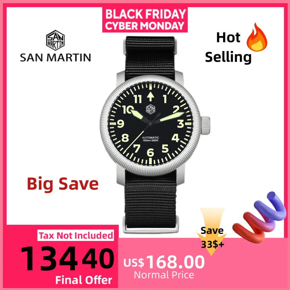 

San Martin 40mm YN55 Retro Coin Bezel Pilot Watch Self Winding Wristwatch C3 Luminous 10Bar Waterproof Reloj Automático SN0143