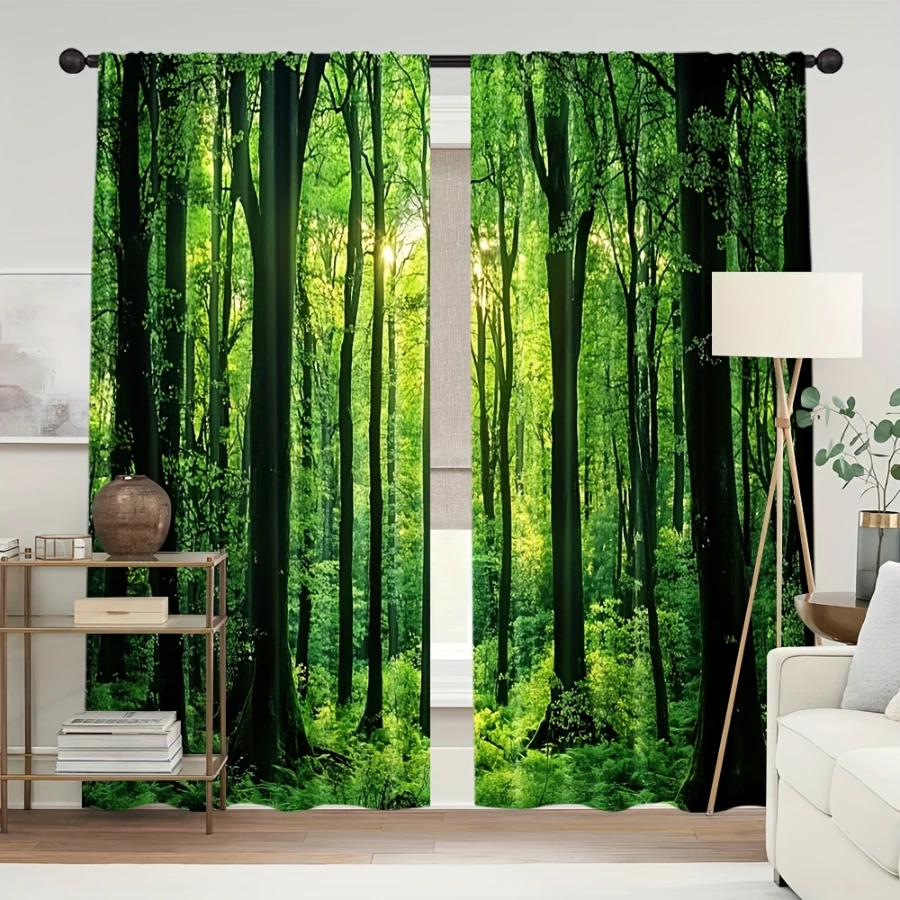 2PCS Digital Printed Curtains, Green Forest Nature Pattern, Four Seasons Holiday Polyester for Living Room Bedroom Kitchen Decor