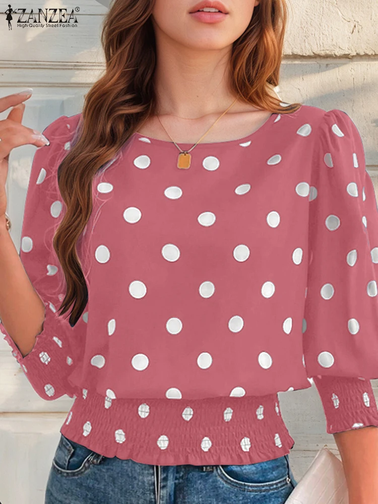 

ZANZEA Fashion Woman Blusas Mujer Shirred-Cuffs 3/4 Sleeve 2025 Summer Streetwear Smocking Blouses Polka Dot O-Neck Tunic Tops