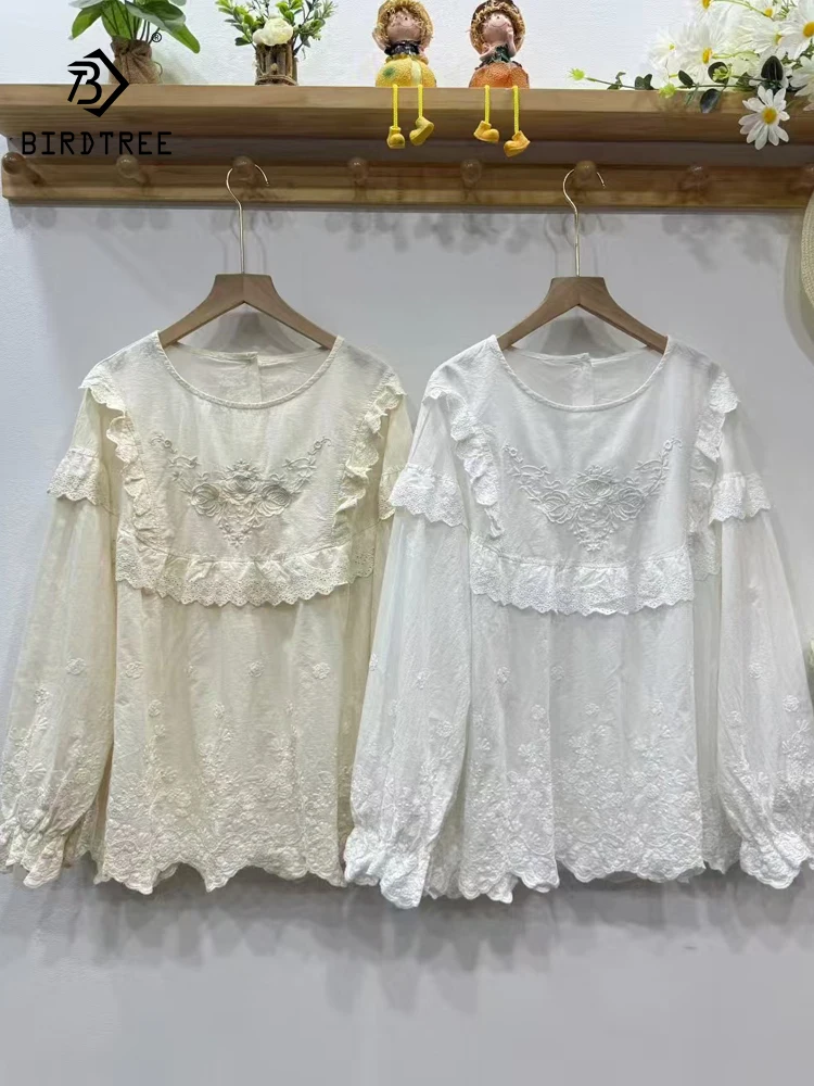 

New 2025 Autumn Cotton Long Sleeve Shirt, Women O Neck Embroidery Ruffles, Mori Girl Chic Age Reduction Loose Blouse T58618CC