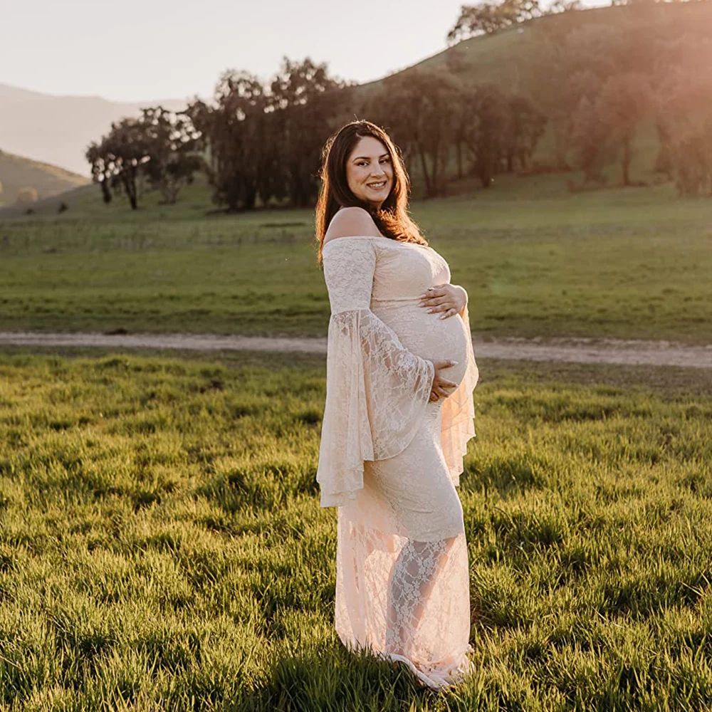 Maternity Photoshoot Outfit Lace Bell Sleeves Off Shoulder Gown Pregnant Women Dresses For Photography Baby Shower