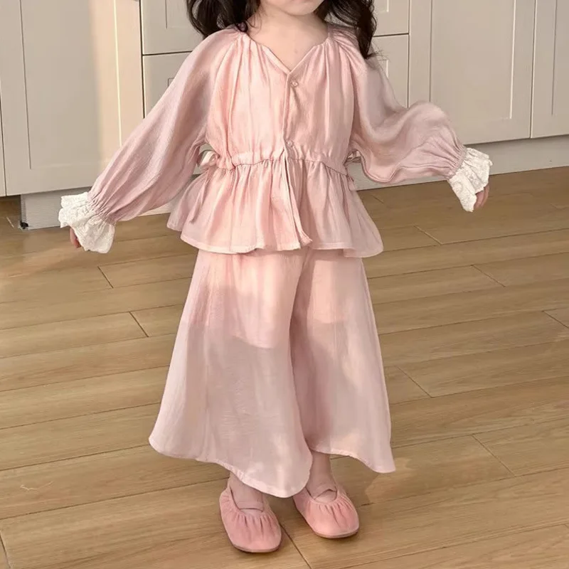 2026 Spring Autumn 1-10Y Girls 2 Piece Set, Fashion Elegant Shirt & Wide Leg Pants Sweet Outfit for 90-140cm