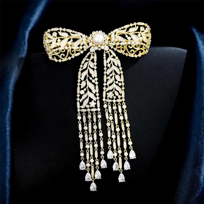 Elegant Luxury Jewelry Cubic Zircon Tassel Brooch Shiny Bow Brooches Temperament Freshwater Pearl Bowknot Pin Women's Accessorie