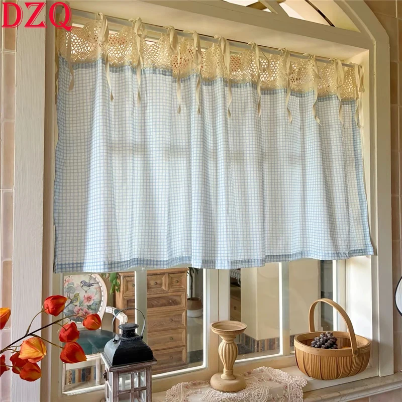 Korea Sweet Blue Plaid Tab Top Short Curtains Rural Tether Half Curtains Cloth Kitchen Valance #A707