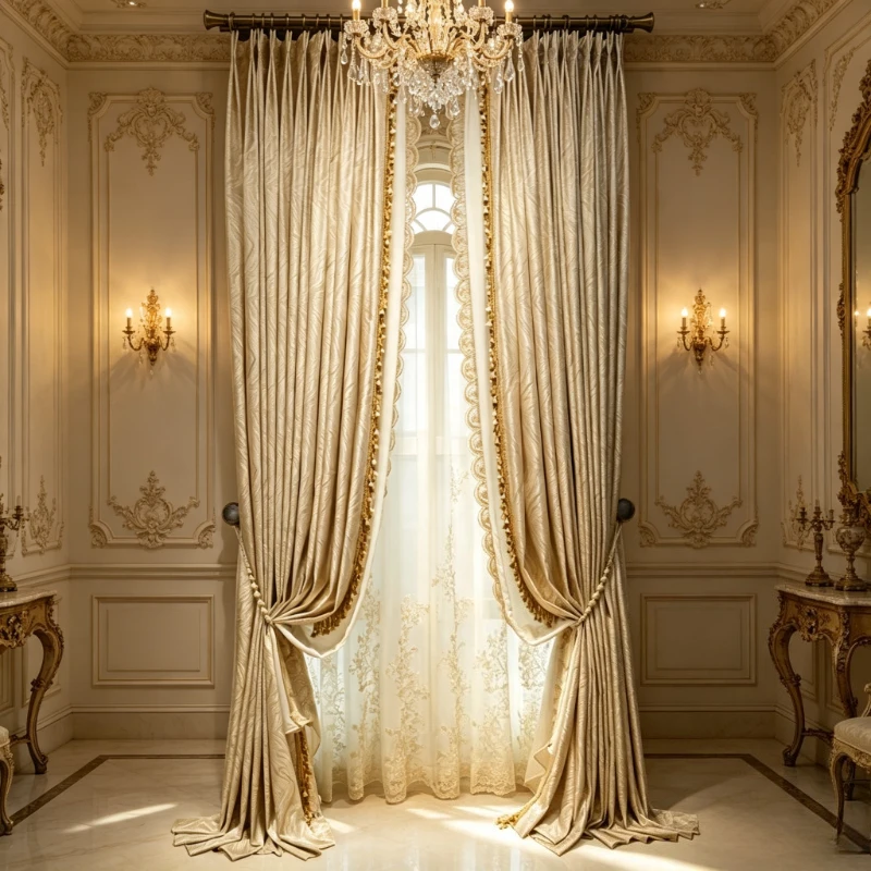 European Luxury Curtains for Living Dining Room Bedroom High Precision Jacquard Blackout Geometric Design Beige Elegance Decor