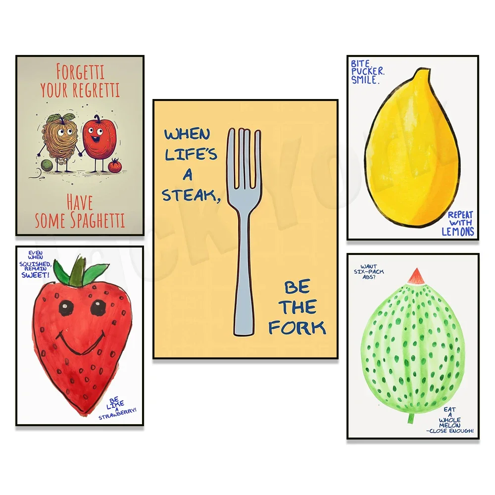 Spaghetti, melon, lemon, strawberry, fork fun kitchen print vintage wall art, kitchen food poster