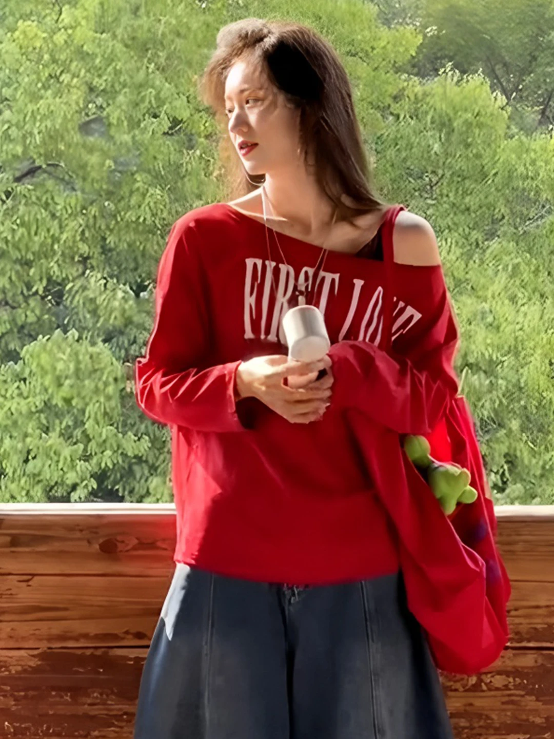 plus Size American Letter Print Shoulder Baring Long Sleeve Red T-Shirt Women Early Autumn plus Size Elegant Top
