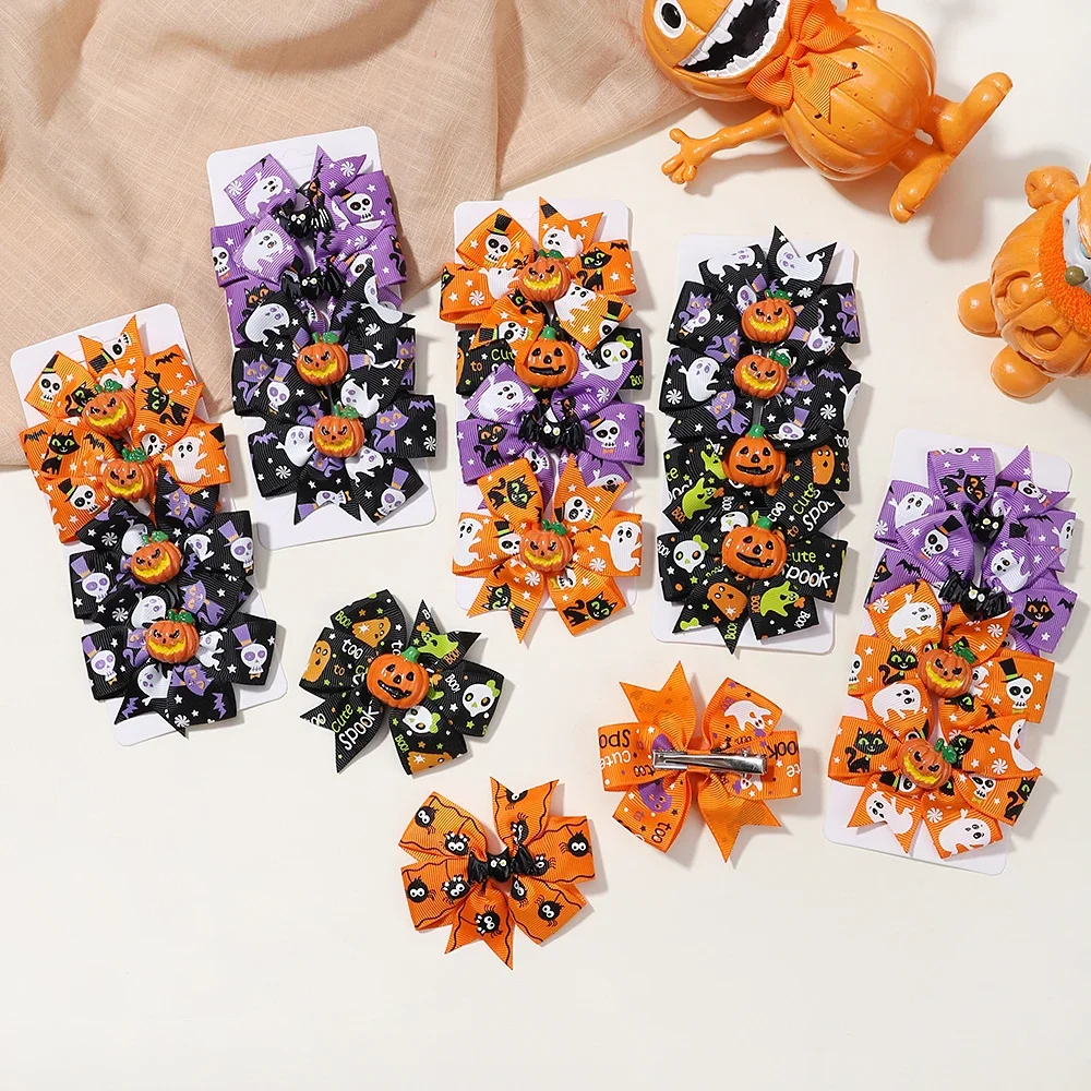 4 teile/satz Halloween Cheer Bow Haars pange für Kinder lustige Kürbis Haarnadel Band Bowknot Haars pange Mädchen Kopf bedeckung Haar Zubehör – Detail 12