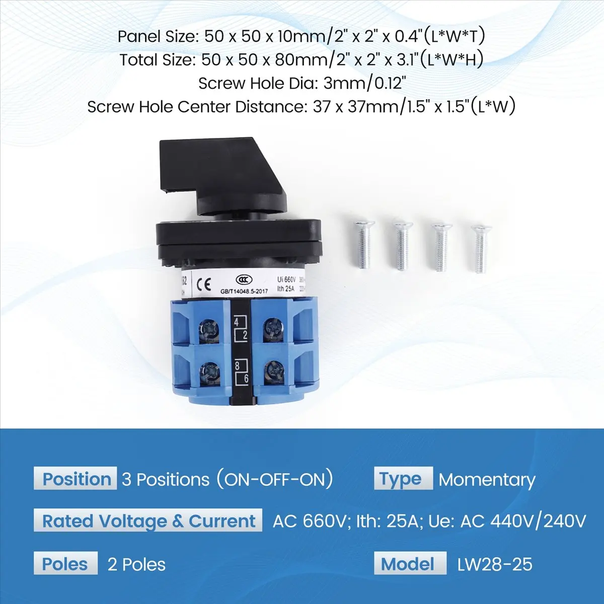 GTS AC660V 25A 2-Pole 3-Position Momentary Plastic Rotary Changeover Switch Blue+Black