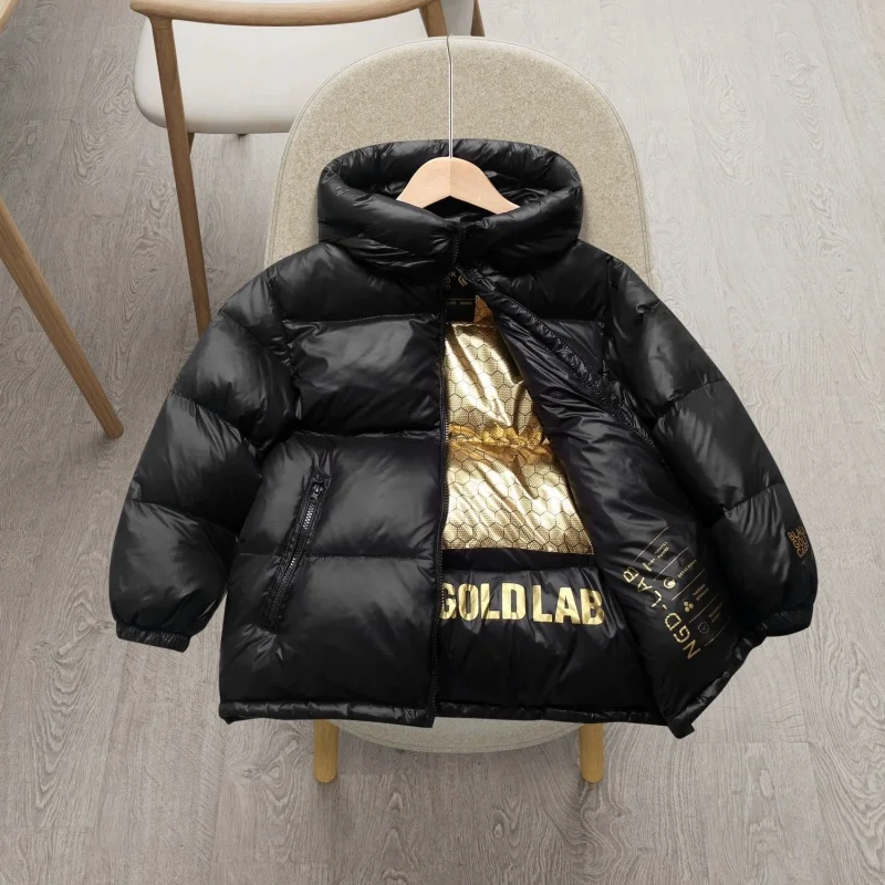 2025年子供冬新作ダウンジャケット ブラックゴールドダウンジャケット 男の子 女の子 中高学年 厚手ショートジャケット