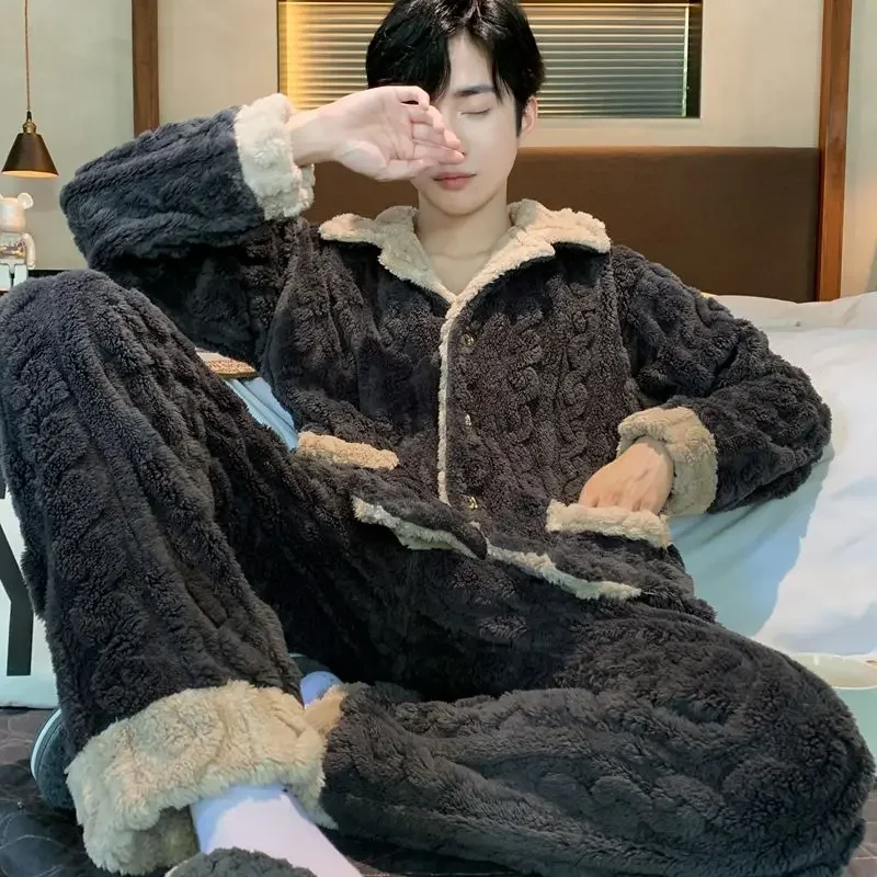 Coral fleece Pajamas male Autumn and winter Thickening and fleecing Long sleeve plush loungewear Flannel suit sleepwear