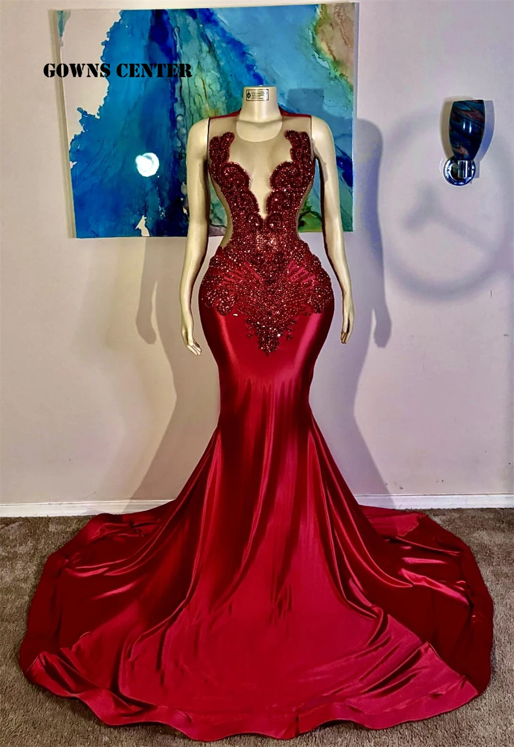 Amazing Red Rhinestones Prom Dresses Blacksirl See Thru Crystal African Birthday Dresses Evening Formal Dress Customized