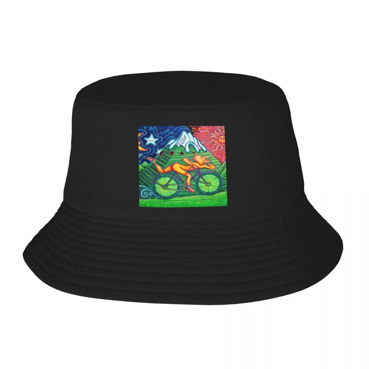 

Custom Albert Hoffman LSD Bicycle Day Bucket Hat for Women Men Printed Acid Blotter Party Summer Beach Sun Camping Cap