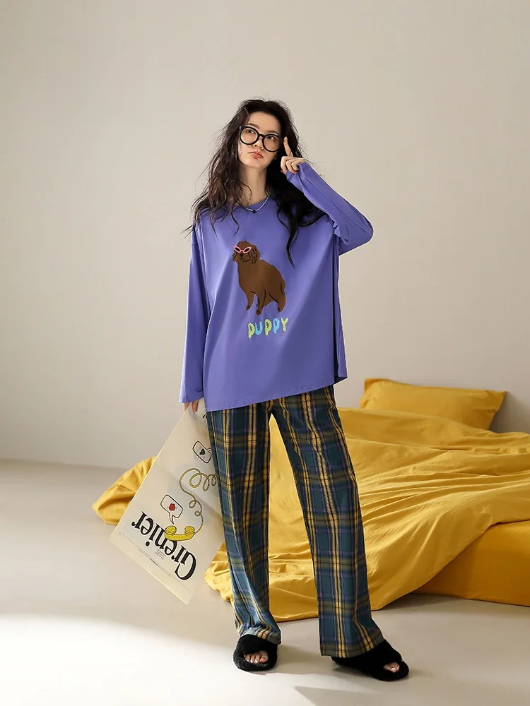 pure-cotton-long-sleeve-sleepwear-women's-casual-home-clothes-cartoon-dog-plaid-set-large-size-comfortable-breathable