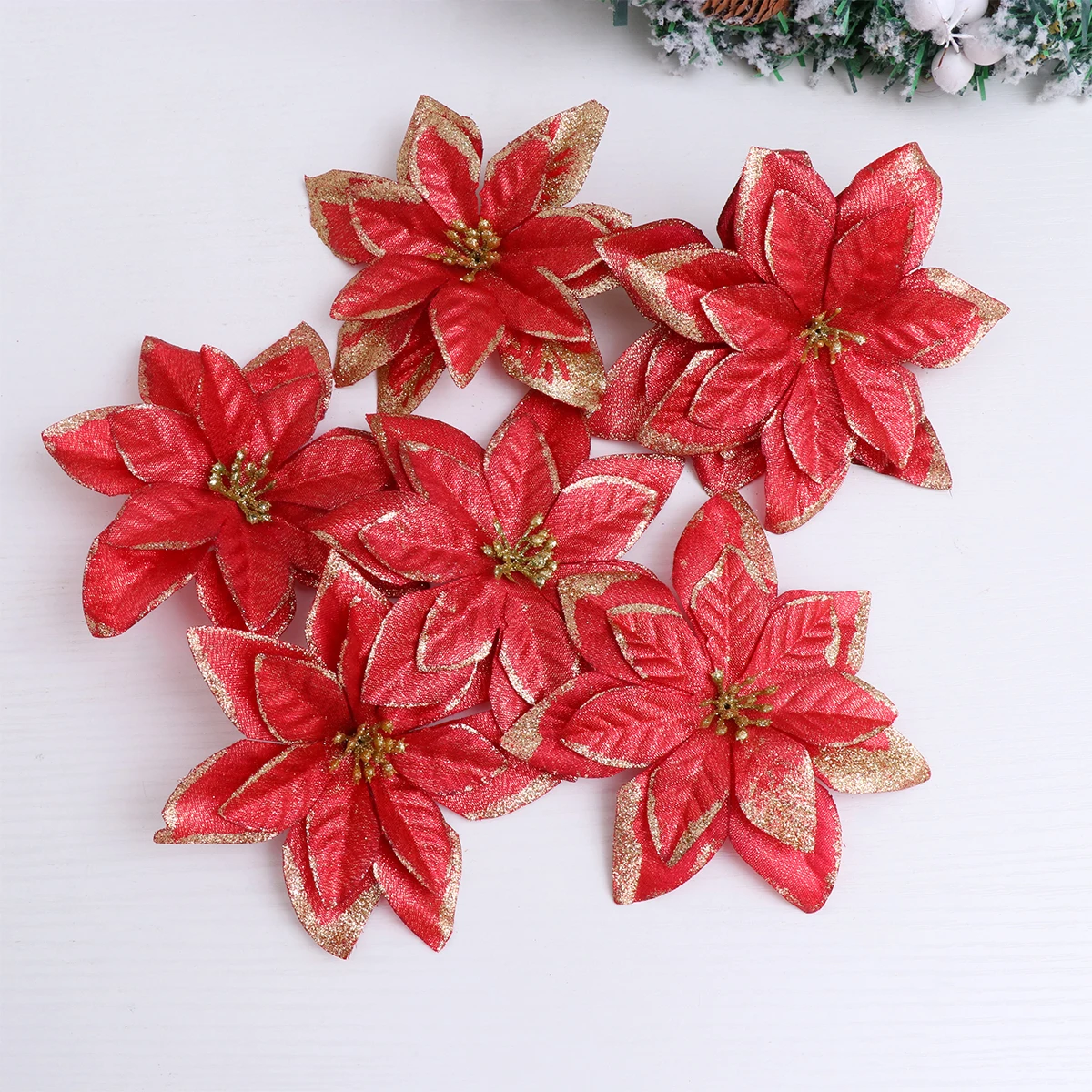 

12Pcs 13cm Christmas Flower Glitter Decor Artificial Lifelike for Tree Wall Window Door Showcase Red Christmas Flower