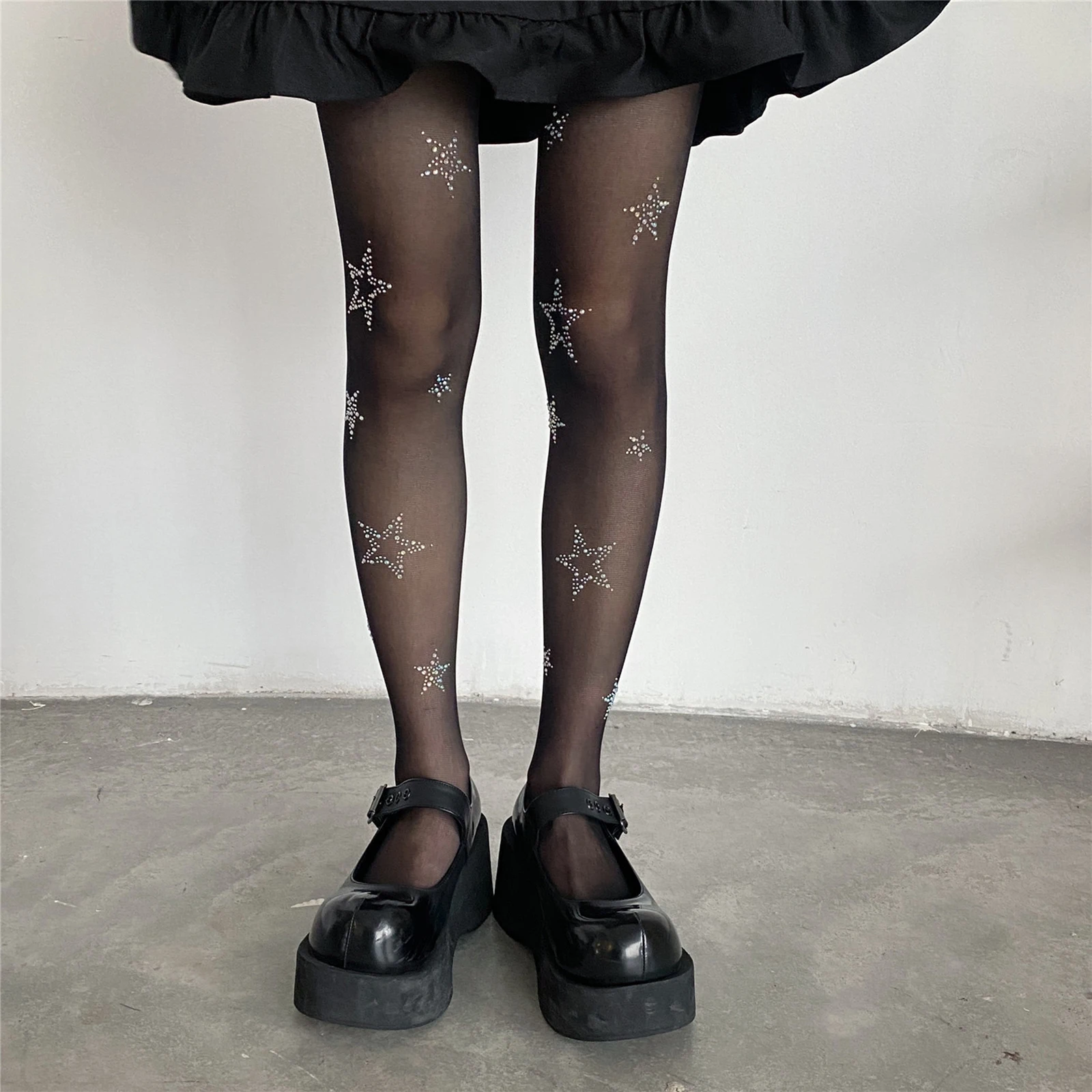 Women Teen Girls Y2K Star Pattern Rhinestone Tights Sparkly Sequin Pantyhose Party E-girl Gothic Sheer Mesh Stockings Hosiery