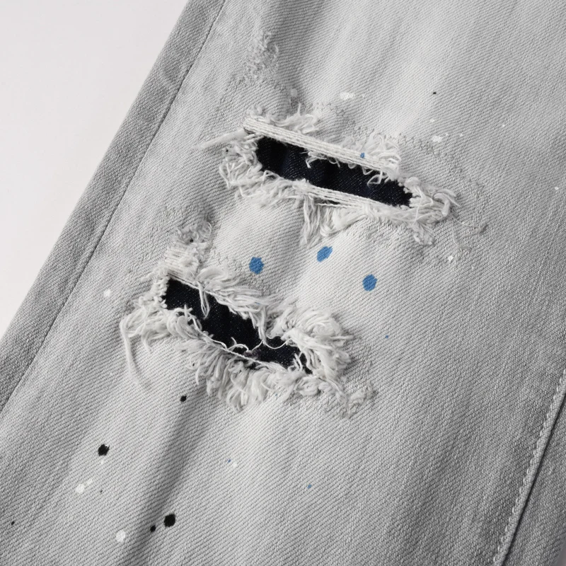 

High Street Designer Fashion Men Jeans Retro Gray Stretch Slim Fit Painted Ripped Jeans Men Brand Denim Pants Vintage Trousers