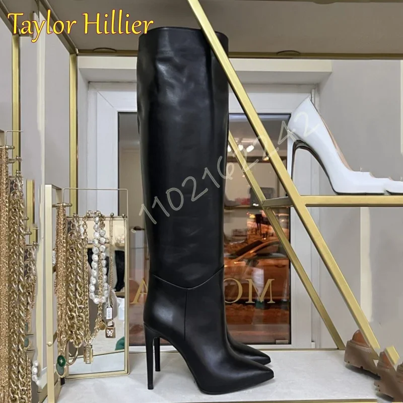 

Black Matte Pu Knee-High Boots Pointed Toe Stiletto Side Zipper Trendy Stiletto Long Boots Sexy Luxury Commuter Women'S Boots 46