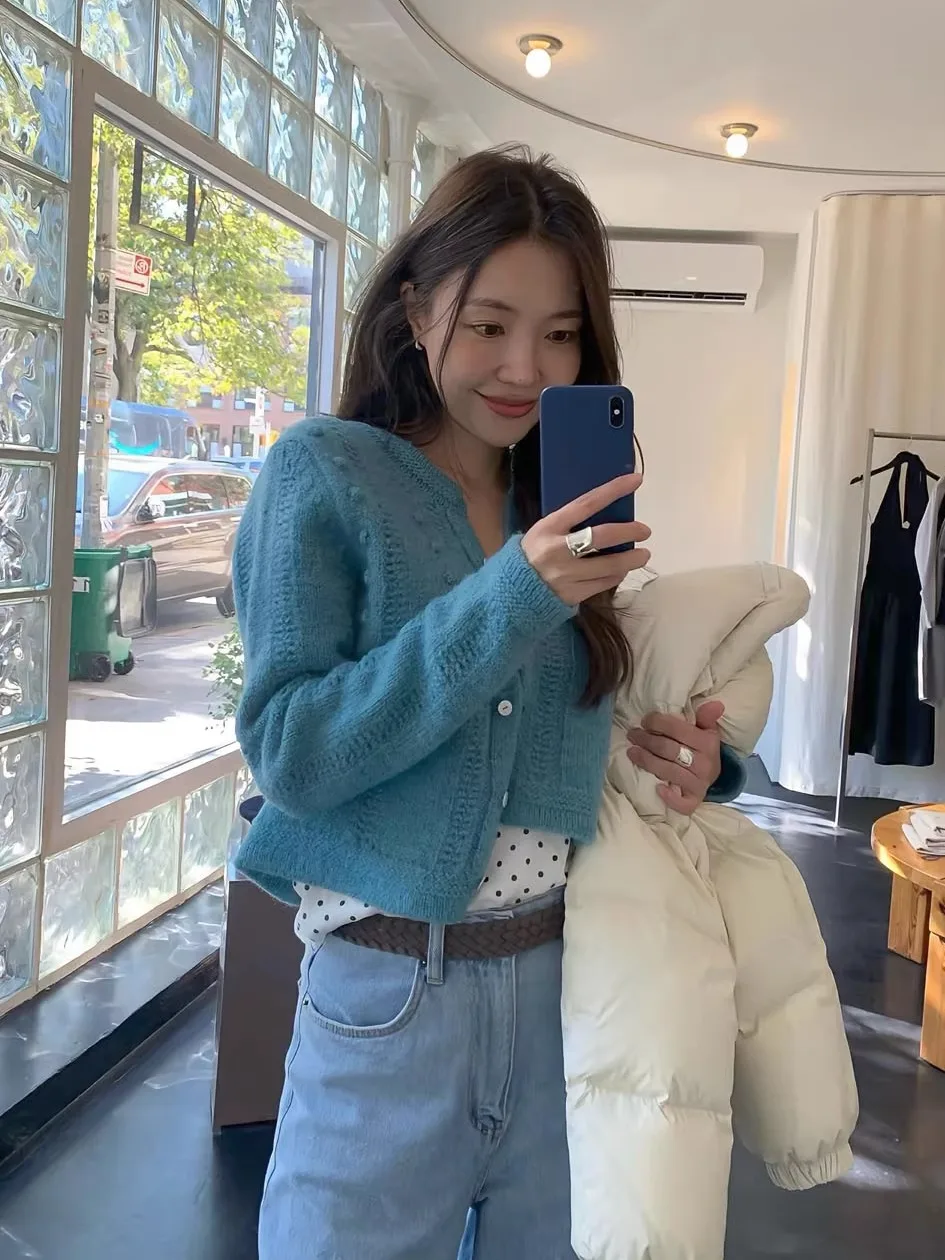 

Women's Tannat Knitted Hollow out Cardigan round Ne Single Button Woolen Top Soft Warm Commuter Sle ort Loose Fit